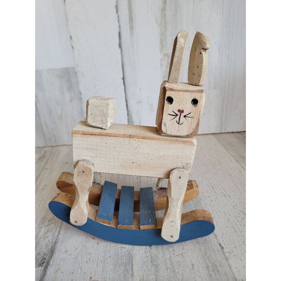 Vintage block Easter Bunny rabbit rocking horse tabletop spring home decor woode - Picture 1 of 7